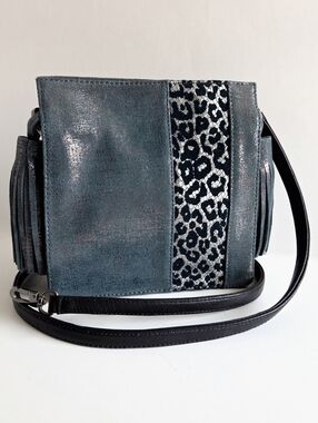 Kelly Wynne NWT Leather Bag, Shimmer Blue & Black, Snake & Leopard W/ Tassels